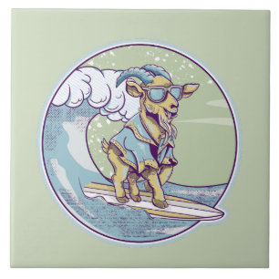 Cartoon goat on a surfboard ceramic tile