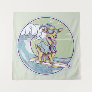 Cartoon goat on a surfboard tapestry