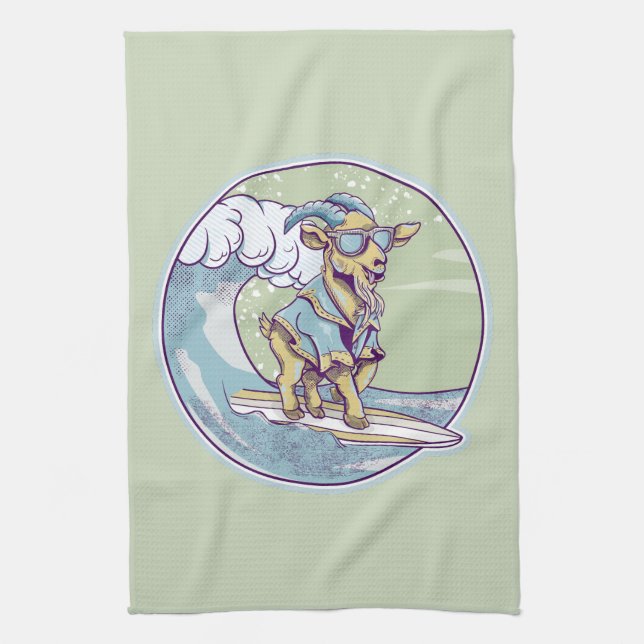 Cartoon goat on a surfboard tea towel (Vertical)