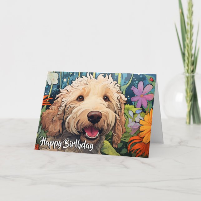 Cartoon Goldendoodle in a Garden Custom  Card (Front)