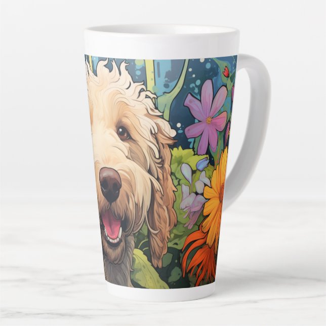 Cartoon Goldendoodle in a Garden Latte Mug (Right Angle)