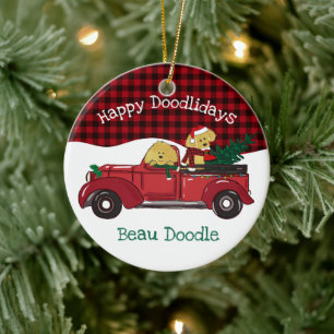Cartoon Goldendoodles Red Christmas Truck Ceramic Ornament
