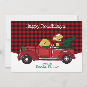 Cartoon Goldendoodles Red Christmas Truck Holiday Card
