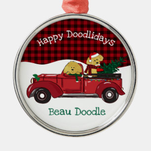 Cartoon Goldendoodles Red Christmas Truck Metal Ornament