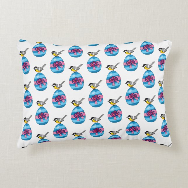 Cartoon Great Tit with Easter Egg Decorative Cushion (Front)