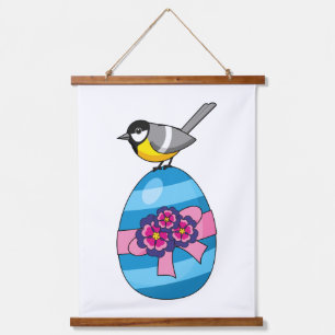 Cartoon Great Tit with Easter Egg Hanging Tapestry