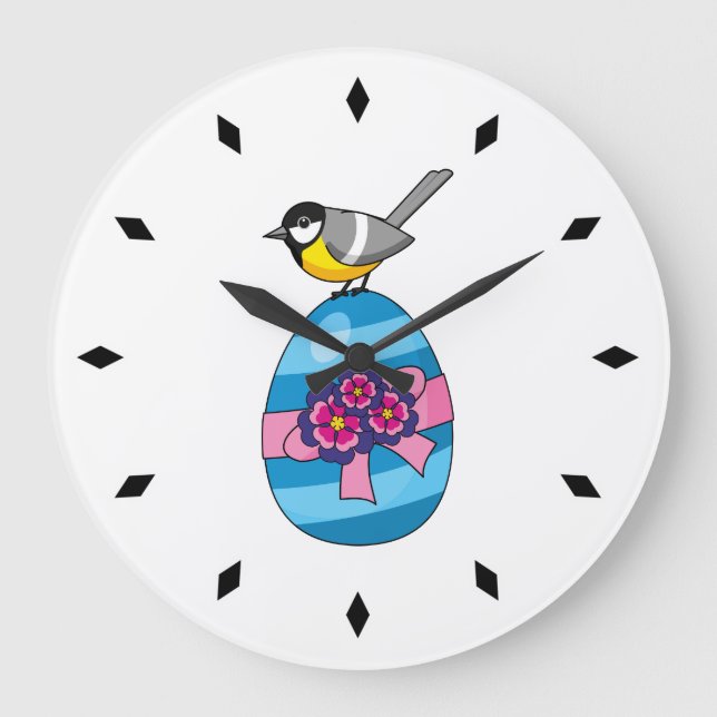 Cartoon Great Tit with Easter Egg Large Clock (Front)