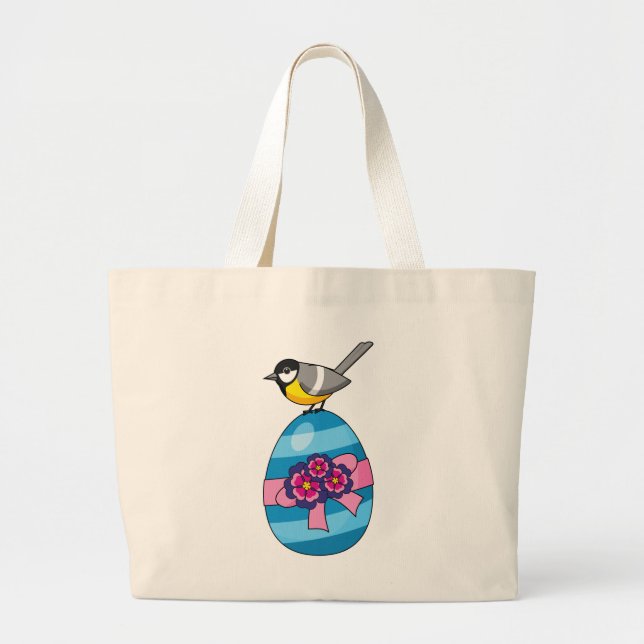 Cartoon Great Tit with Easter Egg Large Tote Bag (Front)