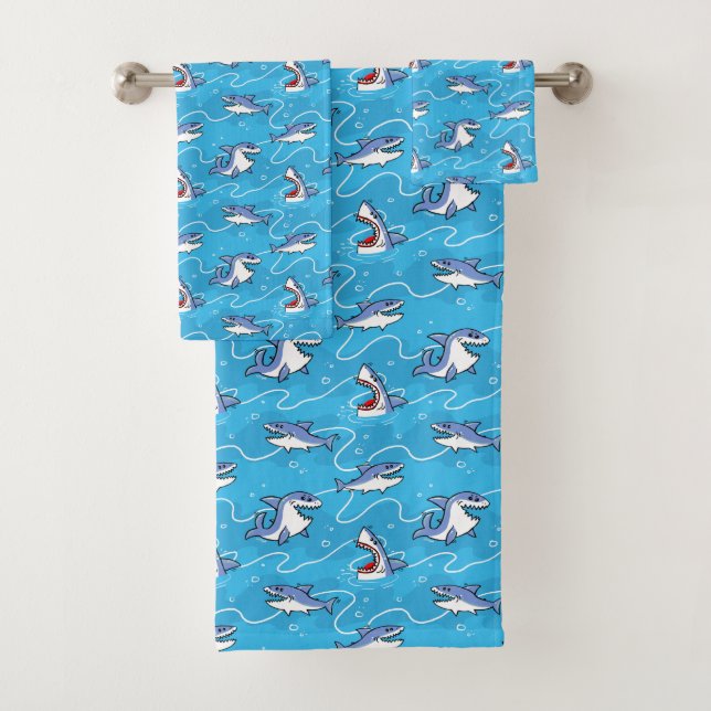 Cartoon Great White Sharks Bath Towel Set (Insitu)