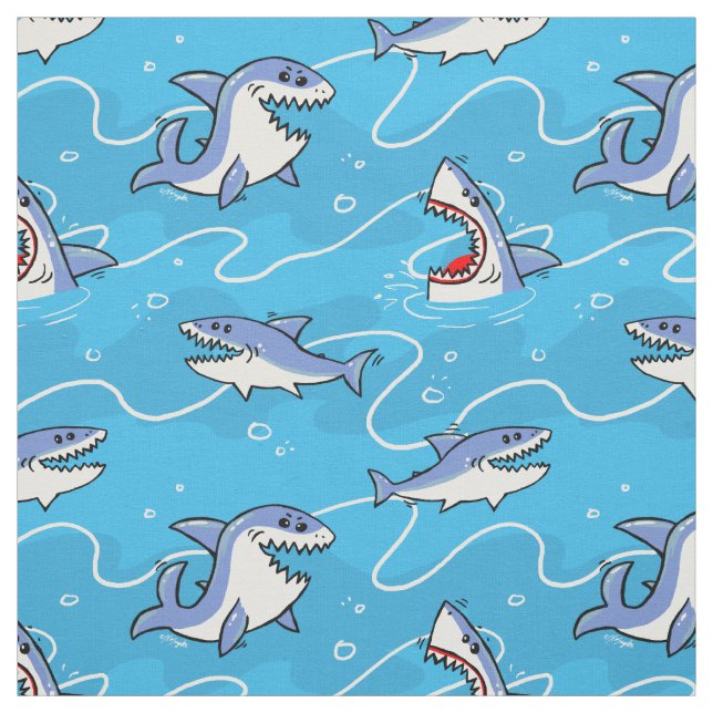 Cartoon Great White Sharks Fabric (Swatch)