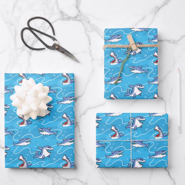 Cartoon Great White Sharks Wrapping Paper Sheet (Front)