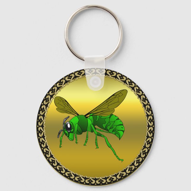 Cartoon green and lime bee with gold foil key ring (Front)
