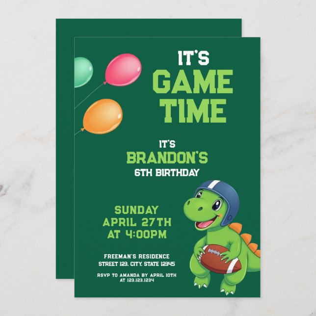 Cartoon Green Dinosaur Football Kids Birthday Invitation (Front/Back)