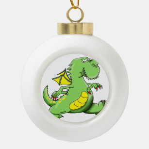 Cartoon green dragon walking on his back feet ceramic ball christmas ornament