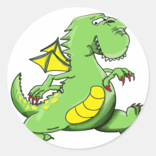 Cartoon green dragon walking on his back feet classic round sticker