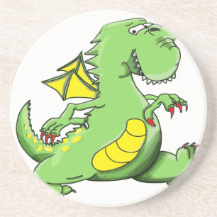 Cartoon green dragon walking on his back feet coaster