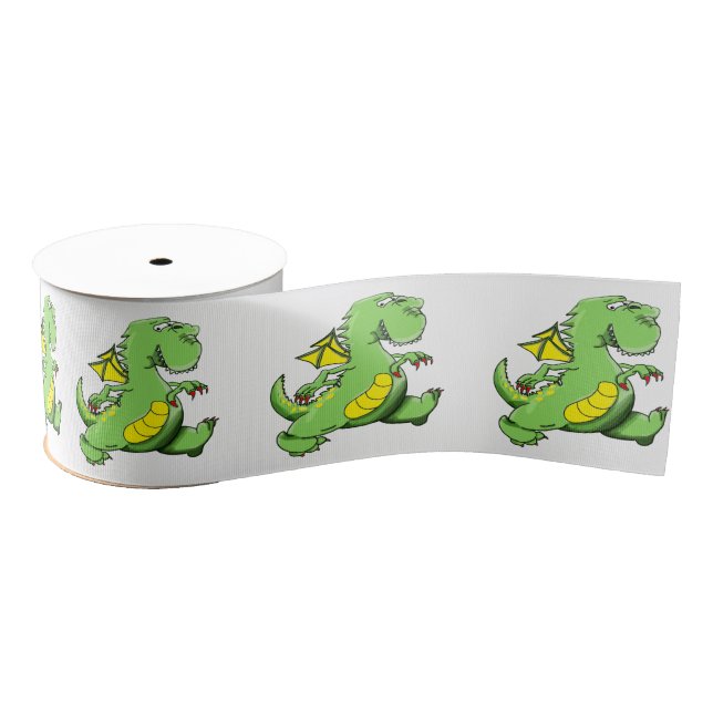 Cartoon green dragon walking on his back feet grosgrain ribbon (Spool)