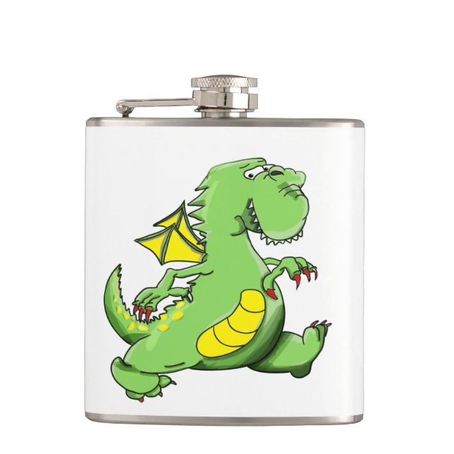 Cartoon green dragon walking on his back feet hip flask (Front)