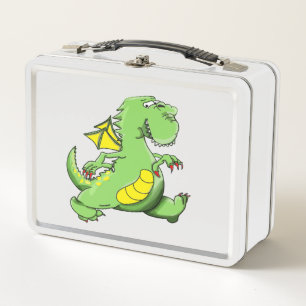 Cartoon green dragon walking on his back feet metal lunch box