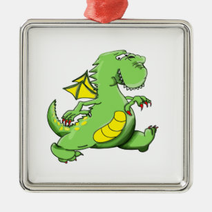 Cartoon green dragon walking on his back feet metal ornament