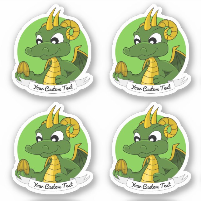 Cartoon green dragon with golden egg and text (Front)