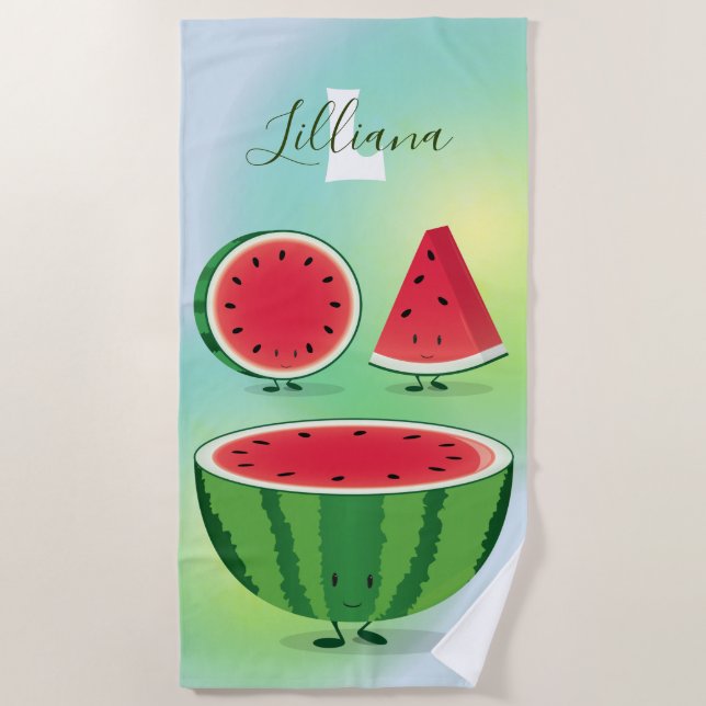 Cartoon Green Watermelon Smiling Fruit Cartoons Beach Towel (Front)