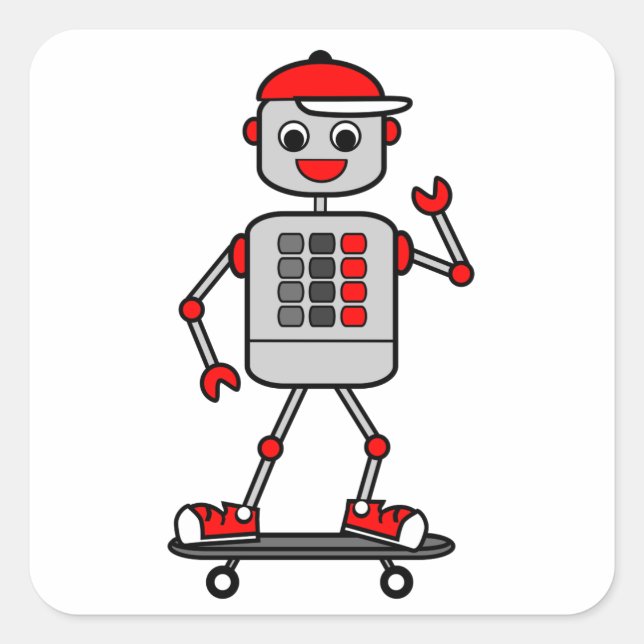 Cartoon Grey Robot Wearing Red Cap on Skateboard Square Sticker (Front)