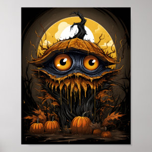 Cartoon Halloween Tree Pumpkin With A Spooky Eyes Poster