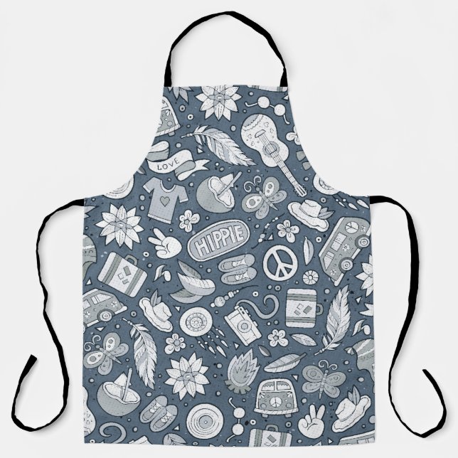Cartoon hand drawn hippie doodles seamless pattern apron (Front)