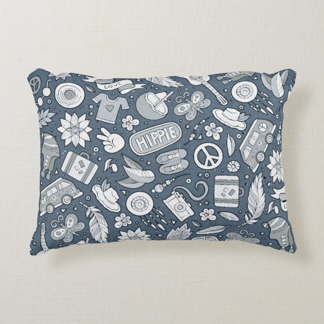Cartoon hand drawn hippie doodles seamless pattern decorative cushion (Front)