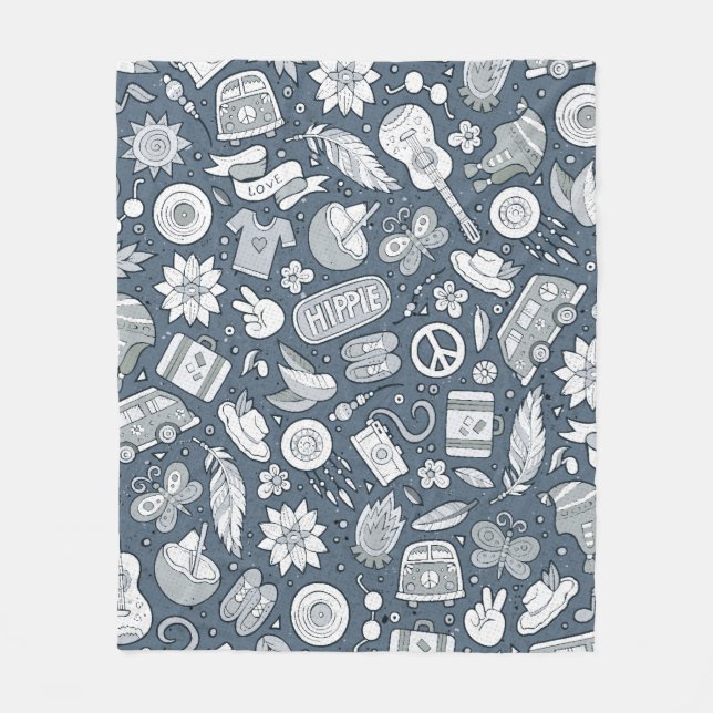Cartoon hand drawn hippie doodles seamless pattern fleece blanket (Front)