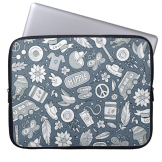 Cartoon hand drawn hippie doodles seamless pattern laptop sleeve