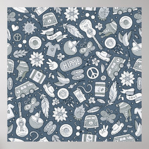 Cartoon hand drawn hippie doodles seamless pattern poster