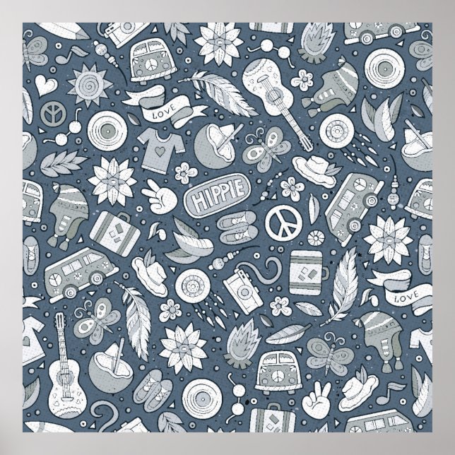 Cartoon hand drawn hippie doodles seamless pattern poster (Front)