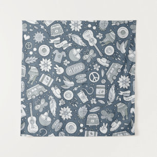 Cartoon hand drawn hippie doodles seamless pattern tapestry