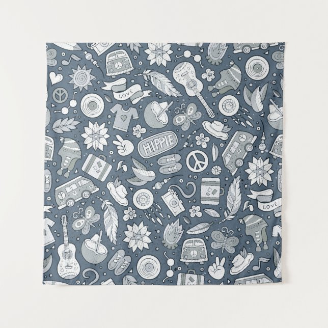 Cartoon hand drawn hippie doodles seamless pattern tapestry (Front)