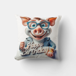Cartoon Happy Birthday Illustration A cute Pig Cushion