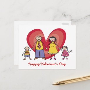 Cartoon Happy Family Big Red Heart Valentine's Day Holiday Postcard