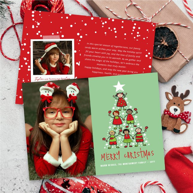 Cartoon Happy Kids Christmas Tree And Stars Photo  Holiday Card (Creator Uploaded)