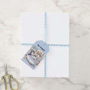 Cartoon Happy Penguin Taking a Bath Personalise Gift Tags