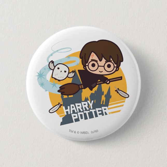 Cartoon Harry and Hedwig Flying Past Hogwarts 6 Cm Round Badge (Front)