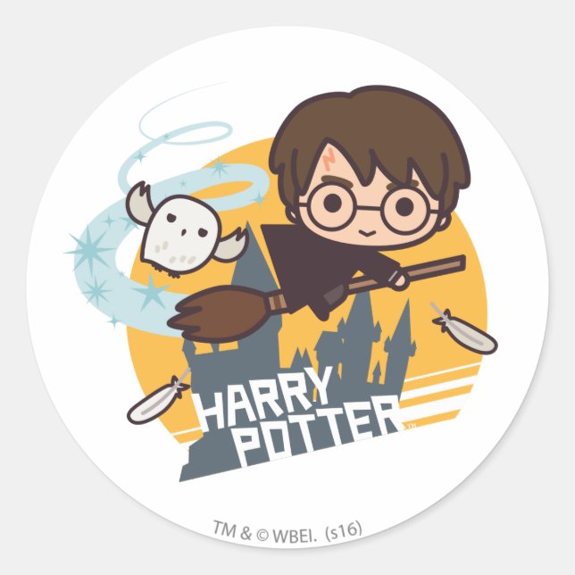 Cartoon Harry and Hedwig Flying Past Hogwarts Classic Round Sticker (Front)