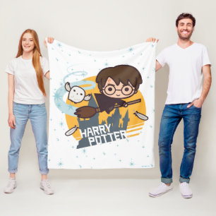 Cartoon Harry and Hedwig Flying Past Hogwarts Fleece Blanket