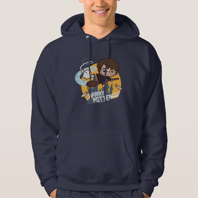 Cartoon Harry and Hedwig Flying Past Hogwarts Hoodie (Front)