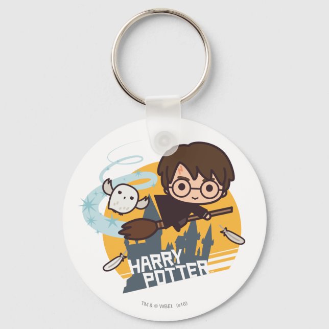 Cartoon Harry and Hedwig Flying Past Hogwarts Key Ring (Front)