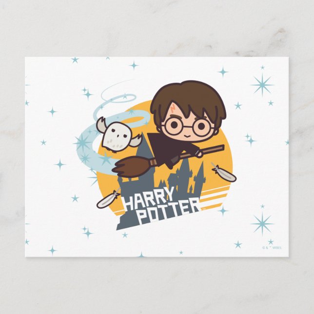 Cartoon Harry and Hedwig Flying Past Hogwarts Postcard (Front)