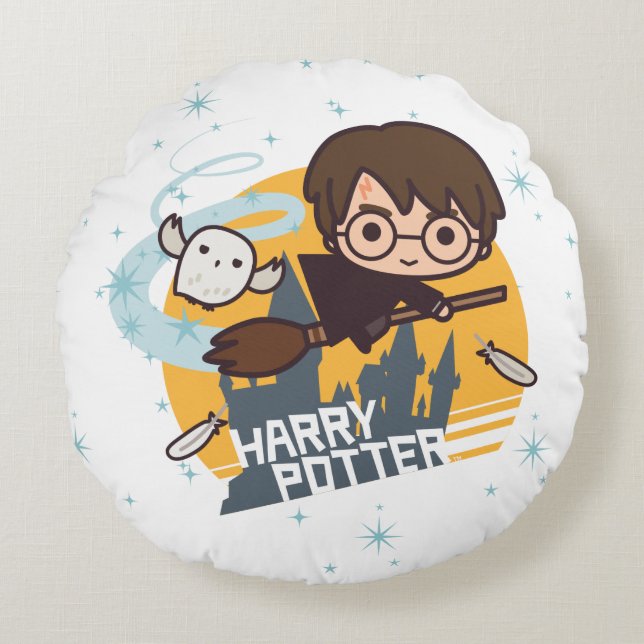 Cartoon Harry and Hedwig Flying Past Hogwarts Round Cushion (Front)