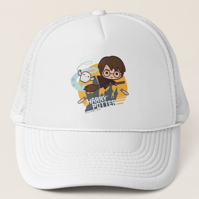 Cartoon Harry and Hedwig Flying Past Hogwarts Trucker Hat (Front)