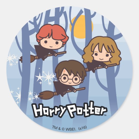 Cartoon Harry Ron Hermione Flying In Woods Classic Round Sticker Zazzle Com Au