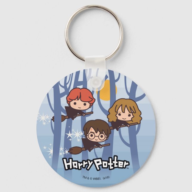 Cartoon Harry, Ron, & Hermione Flying In Woods Key Ring (Front)